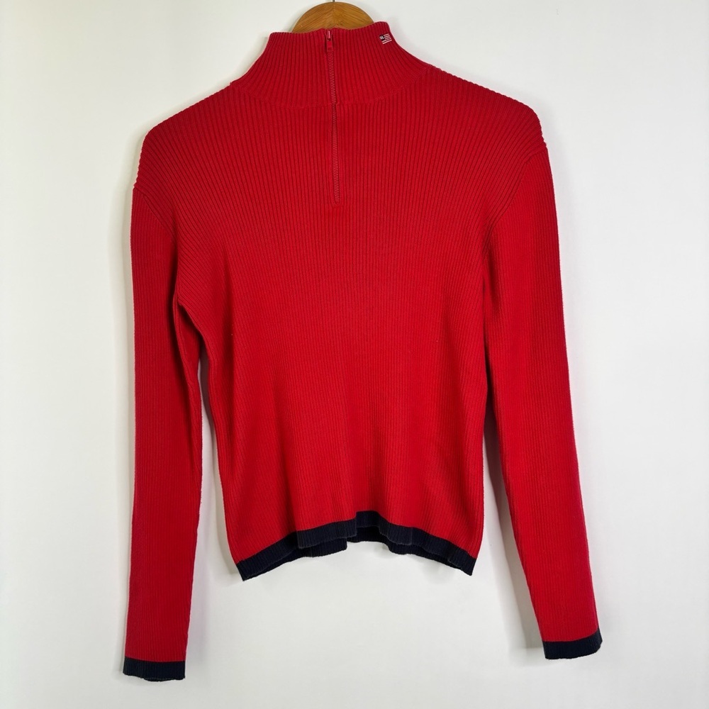 Ralph Lauren Red Half-Zip Ribbed Sweater with Navy Trim